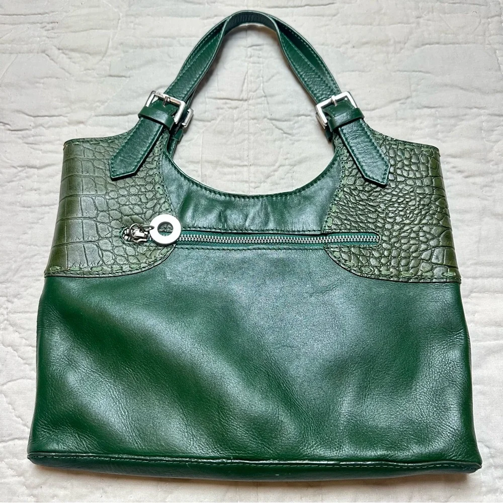 Hidesign Leather Shoulder Bag | Emerald Green Croc Embossed Y2K Purse